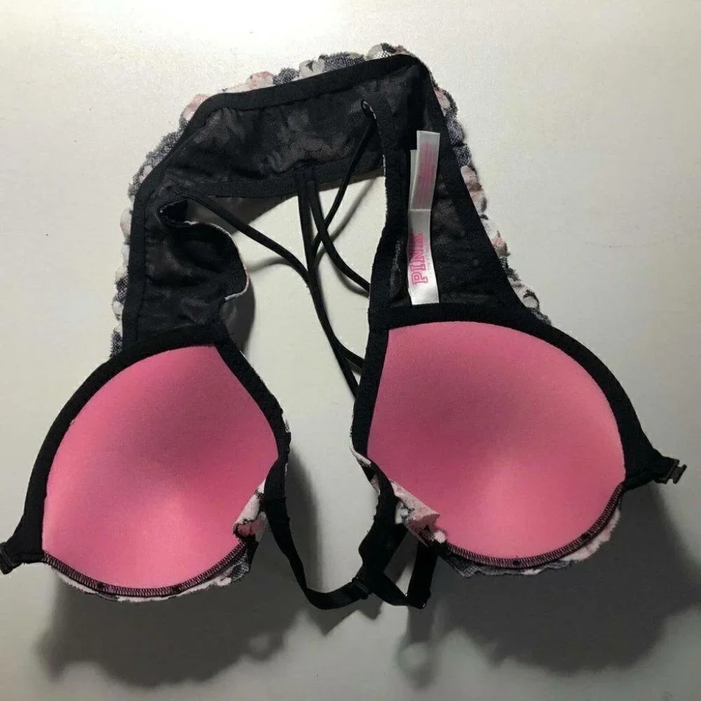 #3462-5 Victoria Secret Pink Pink Black Floral Front Closure Push Up Bra 34B